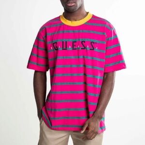 Guess x J Balvin Tee Short Sleeve Crew neckline Stripes Pink Green Yellow Sz M
